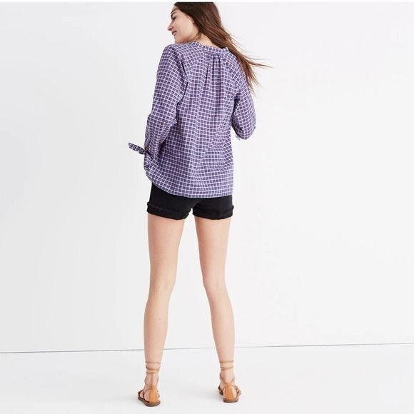 Madewell Blue Red Tie-Sleeve Linen Blend Top in Whitby Plaid Size Small - Picture 11 of 12